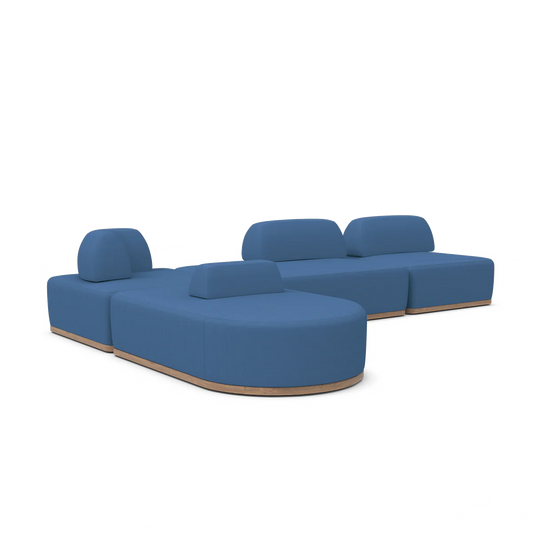 Introducing the Magna Preconfigured Sectional: a modern modular sofa with a blue fabric finish. This versatile piece features round and rectangular sections that can be arranged to create a dynamic seating area, complete with a low backrest and wooden base—perfect for contemporary living spaces.