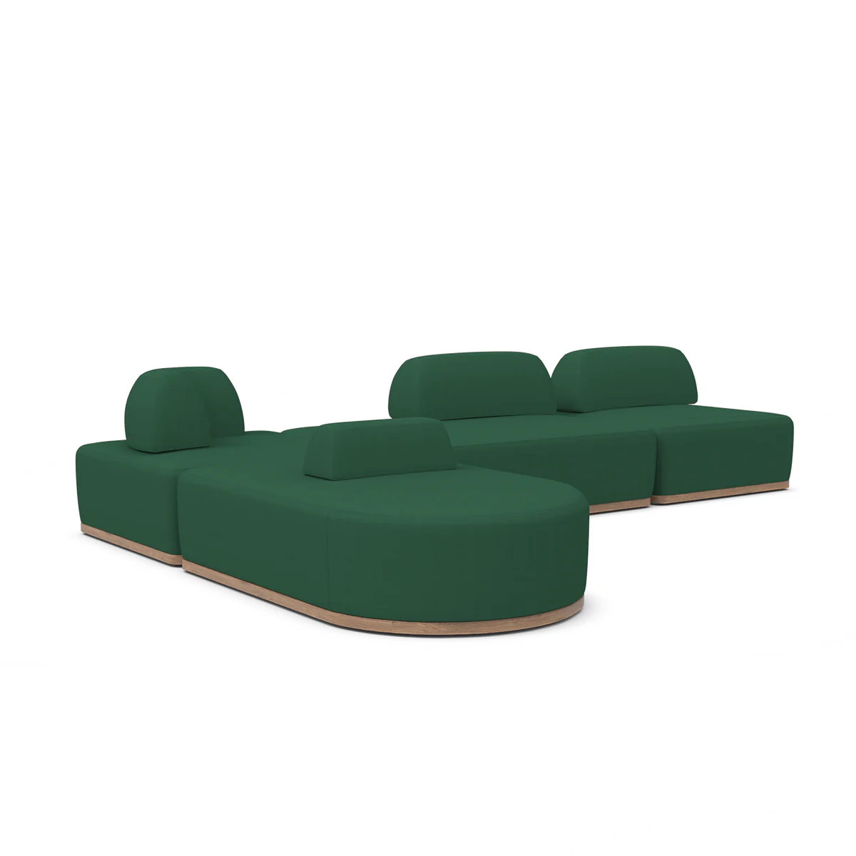 Introducing the Magna Preconfigured Sectional, a green modular sofa featuring sleek rounded edges and sturdy wooden bases. This contemporary design includes multiple sections such as a long chaise and several backrests, making it the perfect modern and minimalist addition to any stylish living space.