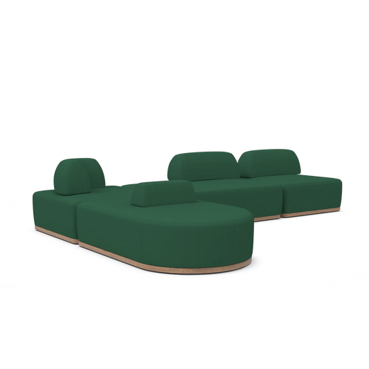 Introducing the Magna Preconfigured Sectional, a green modular sofa featuring sleek rounded edges and sturdy wooden bases. This contemporary design includes multiple sections such as a long chaise and several backrests, making it the perfect modern and minimalist addition to any stylish living space.