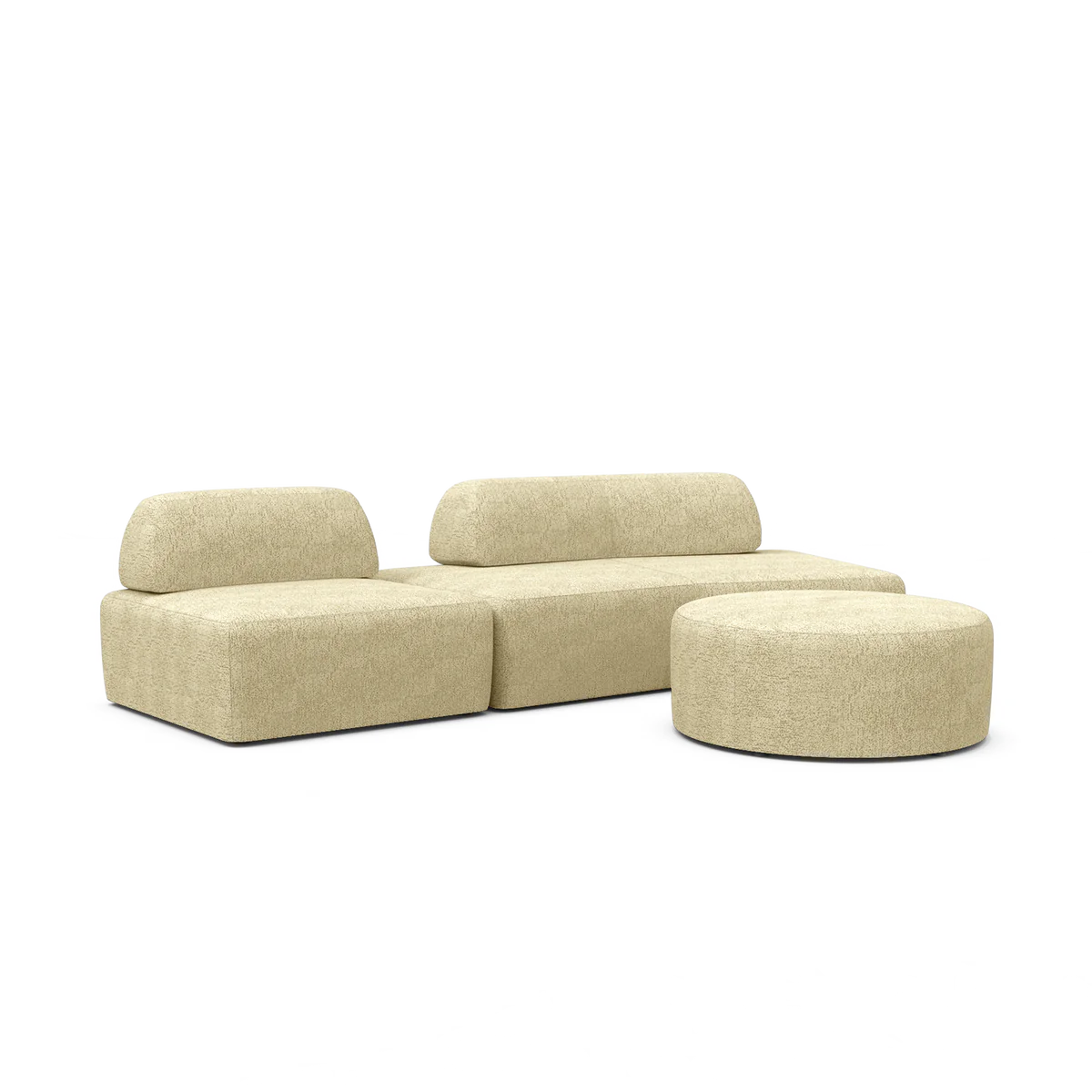 The Magna Preconfigured Sectional is a modern, modular sofa set in beige, featuring three sections and a matching round ottoman with a minimalist design. Each piece showcases clean lines and cushioned seating for a sleek, contemporary look.