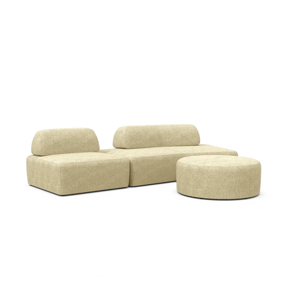 The Magna Preconfigured Sectional is a modern, modular sofa set in beige, featuring three sections and a matching round ottoman with a minimalist design. Each piece showcases clean lines and cushioned seating for a sleek, contemporary look.