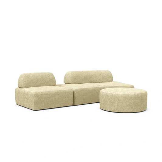 The Magna Preconfigured Sectional is a modern, modular sofa set in beige, featuring three sections and a matching round ottoman with a minimalist design. Each piece showcases clean lines and cushioned seating for a sleek, contemporary look.