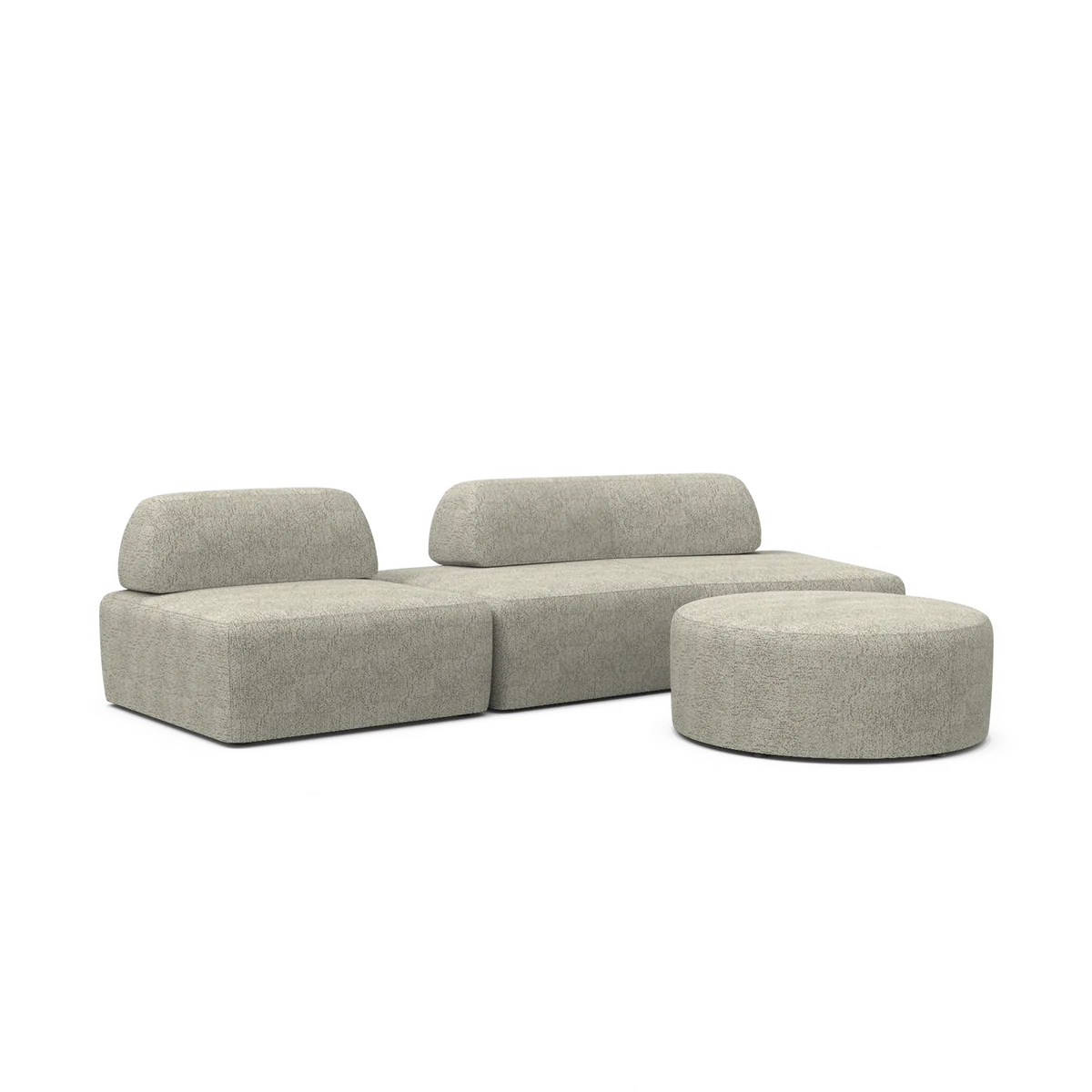 The Magna Preconfigured Sectional is a modern, light gray modular sofa with clean lines, complemented by a matching round ottoman. Both pieces boast a textured fabric, offering a cohesive and sleek appearance.