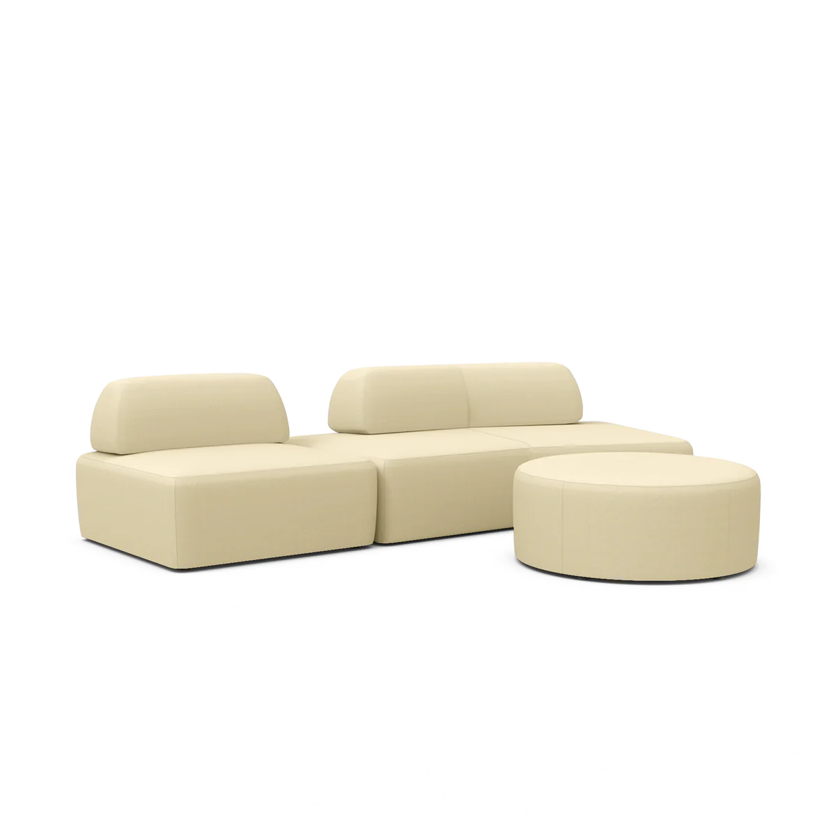 A Magna Preconfigured Sectional in beige, featuring interchangeable sections with an oval shape, paired with a round ottoman, is arranged on a white background.