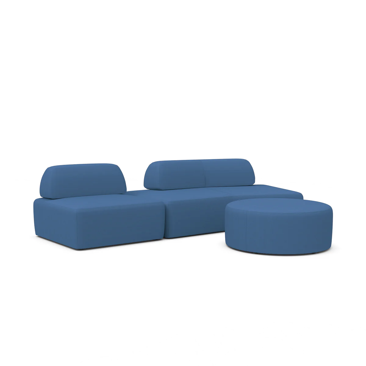 The Magna Preconfigured Sectional is a modular blue sofa set, featuring three seating sections and a circular ottoman, with smooth upholstery and a contemporary design, all showcased against a plain white background.