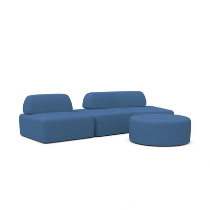 The Magna Preconfigured Sectional is a modular blue sofa set, featuring three seating sections and a circular ottoman, with smooth upholstery and a contemporary design, all showcased against a plain white background.