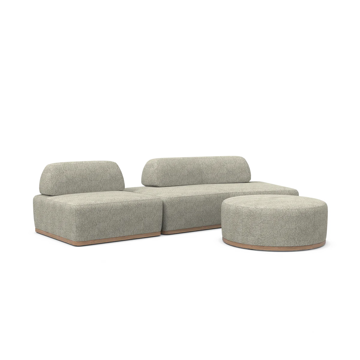 Introducing the Magna Preconfigured Sectional: a modern, minimalist sofa set featuring cream-colored upholstery. This elegant ensemble includes a sectional sofa with two backrests and a coordinating round ottoman, all designed with wooden bases and soft, rounded shapes. Perfectly showcased against a plain white background for a chic aesthetic.