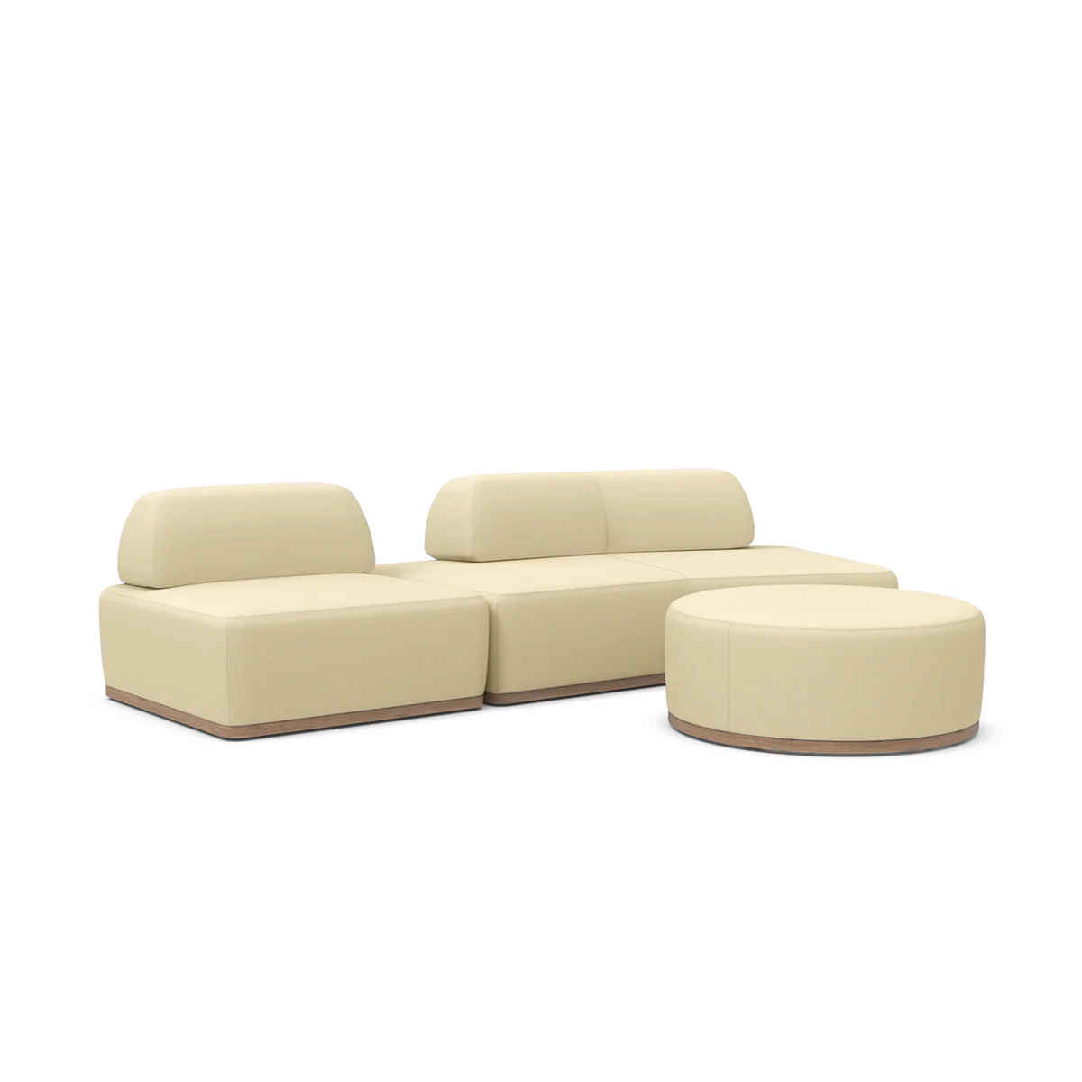 Introducing the Magna Preconfigured Sectional: a modular beige sofa set featuring three cushioned sections and a round ottoman. Its design boasts a minimalistic style with elegant wooden bases.