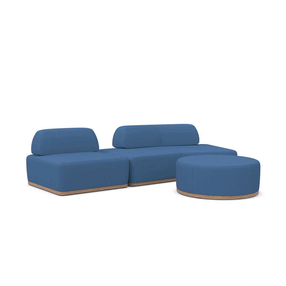 The Magna Preconfigured Sectional is a modular blue sofa set featuring three pieces: two square seats with rectangular backrests and a round ottoman. The wooden base beautifully complements its modern design.