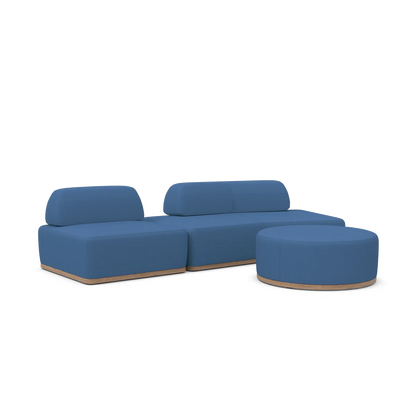 The Magna Preconfigured Sectional is a modular blue sofa set featuring three pieces: two square seats with rectangular backrests and a round ottoman. The wooden base beautifully complements its modern design.