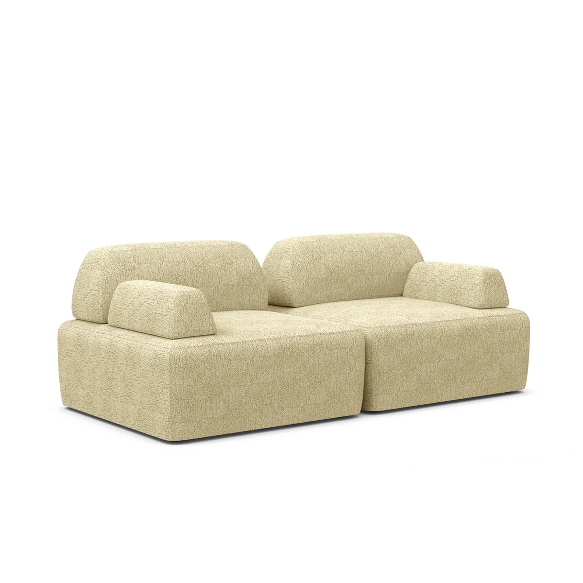 Introducing the Magna Preconfigured Sectional: a contemporary modular sofa in beige with two connected seats and removable cushions. It features blocky, minimalist lines and a textured fabric finish, providing both style and comfort against a plain background.