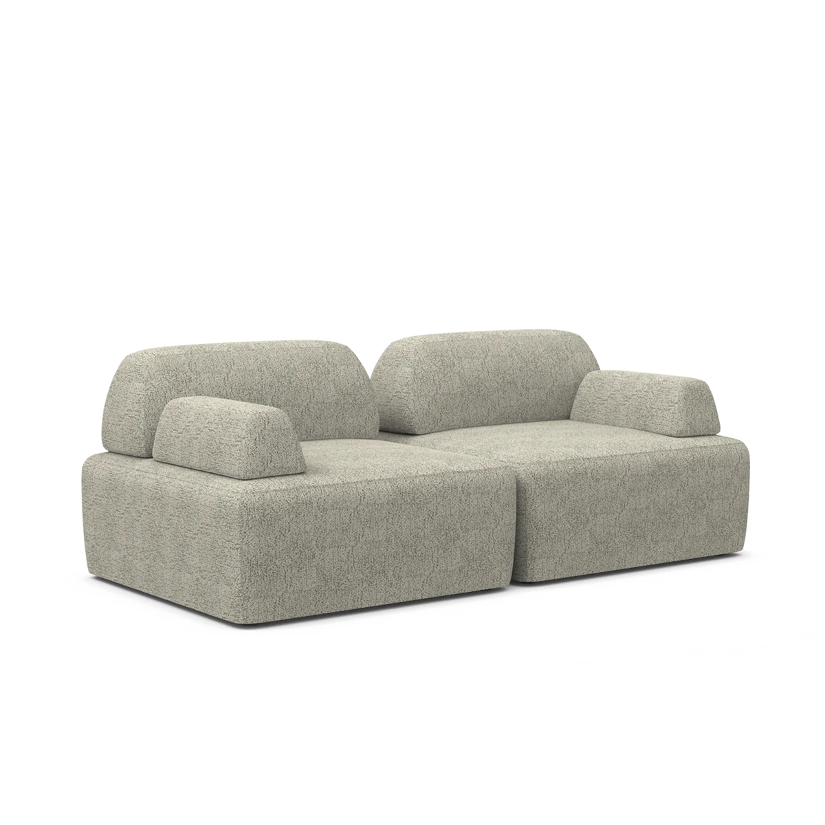 Introducing the Magna Preconfigured Sectional: a sleek and contemporary gray fabric sofa with a modular design. It boasts two backrests and wide armrests on both sides, offering a plush, textured look, all set against a simple white backdrop.