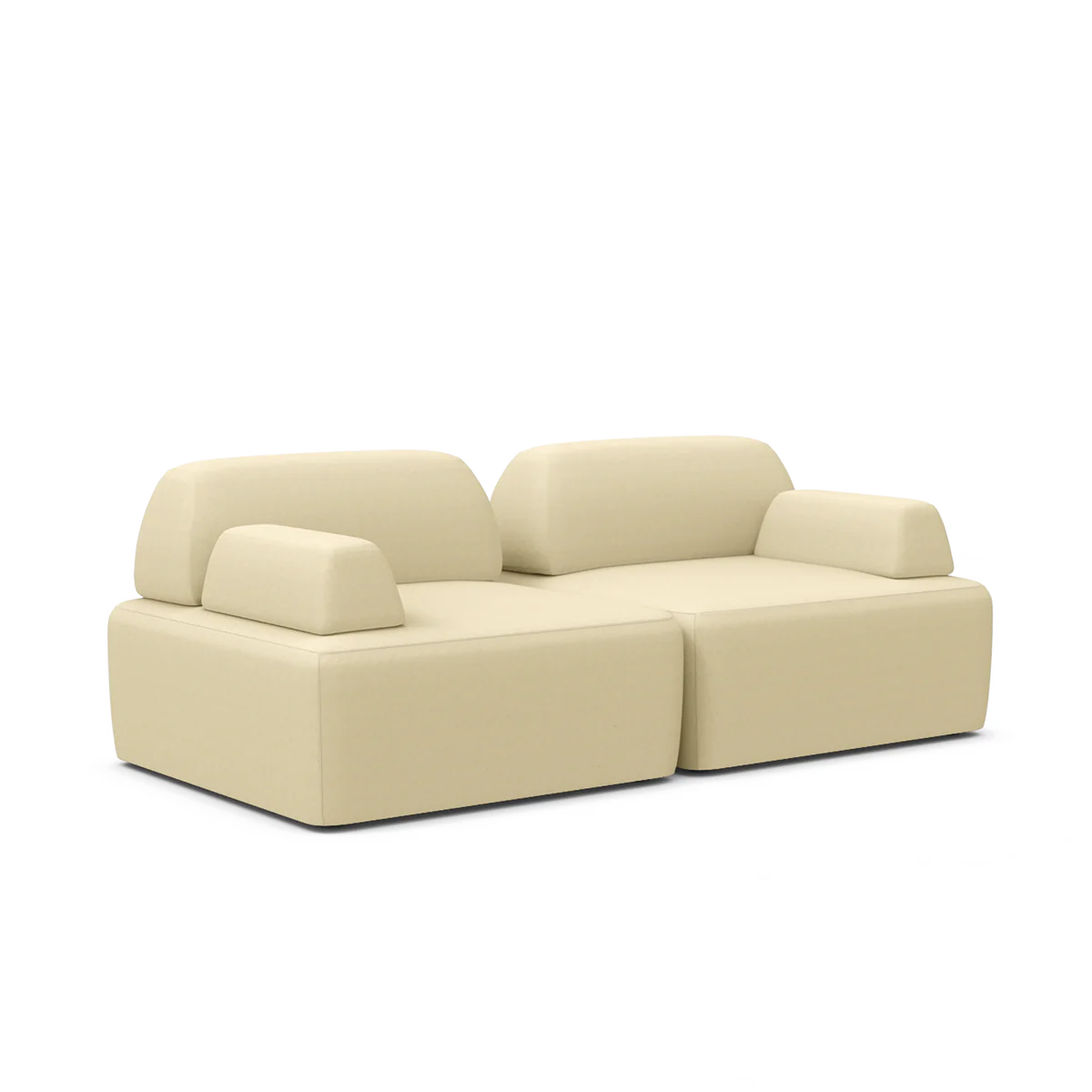 The Magna Preconfigured Sectional is a contemporary, beige sofa featuring plush cushions and a minimalist design, complete with armrests and two connected seating sections, all showcased against a white background.