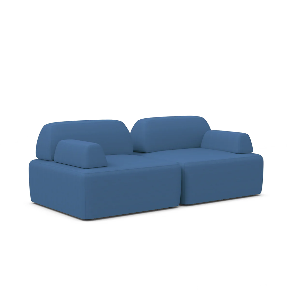 Introducing the Magna Preconfigured Sectional: a sleek and contemporary modern blue sofa with a minimalist design. This sectional features thick cushions and low backrests set against a white background, complemented by block-like armrests for an elegant appearance.