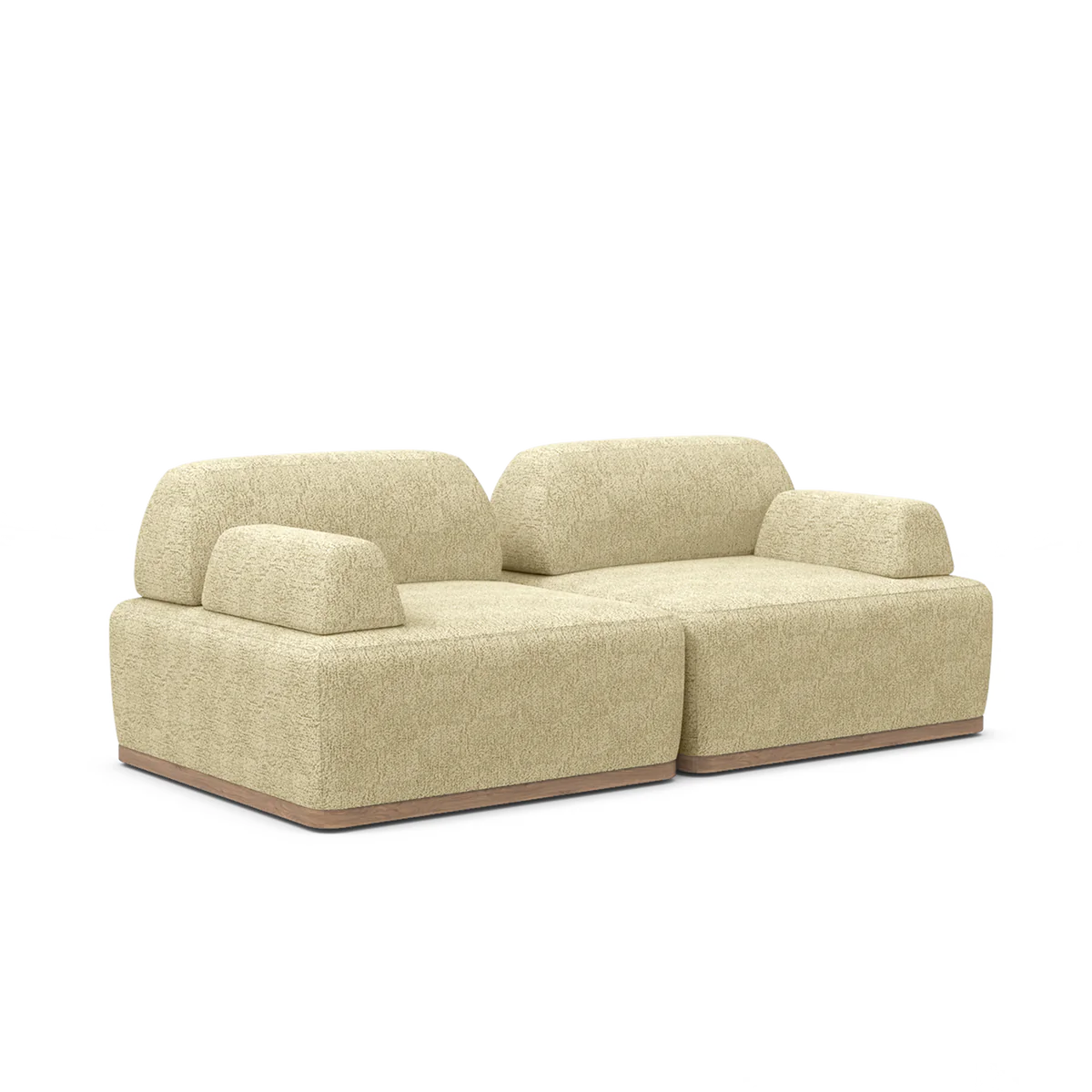 Introducing the Magna Preconfigured Sectional: a modern sectional in a sophisticated beige with a textured fabric finish. It boasts a low-profile design coupled with plush, rounded cushions and is supported by a minimalist wooden base. This sleek structure perfectly embodies contemporary style, making it an ideal choice for modern living spaces.