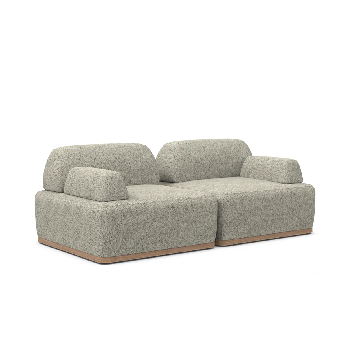 The Magna Preconfigured Sectional is a modern, beige sectional sofa with a textured fabric finish that features two thick cushioned seats and low backrests. It sits on a flat wooden base, offering a minimalist and contemporary design.