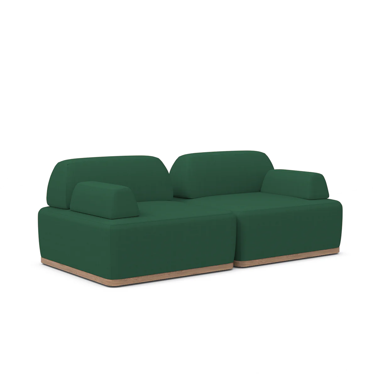 Introducing the Magna Preconfigured Sectional: a contemporary green sofa featuring two spacious sections with sleek, rounded edges on a light wooden base, perfectly highlighted against a plain white backdrop.