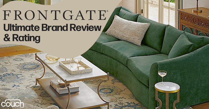 A modern living room featuring a large green sofa with multiple cushions, a coffee table with a tray of decorative items, and a glass of wine on a small side table. The text reads "FRONTGATE Ultimate Brand Review & Rating.