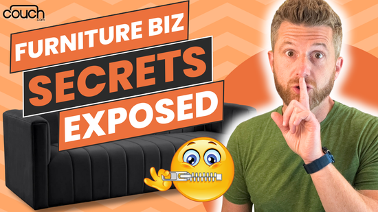 A man with a thoughtful expression holds a finger to his lips, standing next to a large sign that reads "FURNITURE BIZ SECRETS EXPOSED." An emoji of a face zipping its mouth is placed on the bottom left. The background features an orange pattern and a couch.