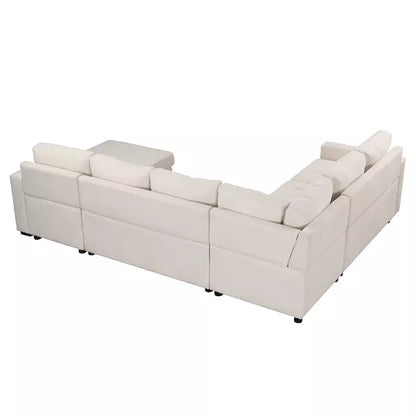 Back view of the 108" Pull-Out Sleeper Sofa from the ModernLuxe collection, featuring an upholstered modular sectional design in a large off-white L-shape. The sofa includes plush back cushions, low armrests, and black feet subtly visible beneath the base, along with USB and Type-C interfaces for added convenience.