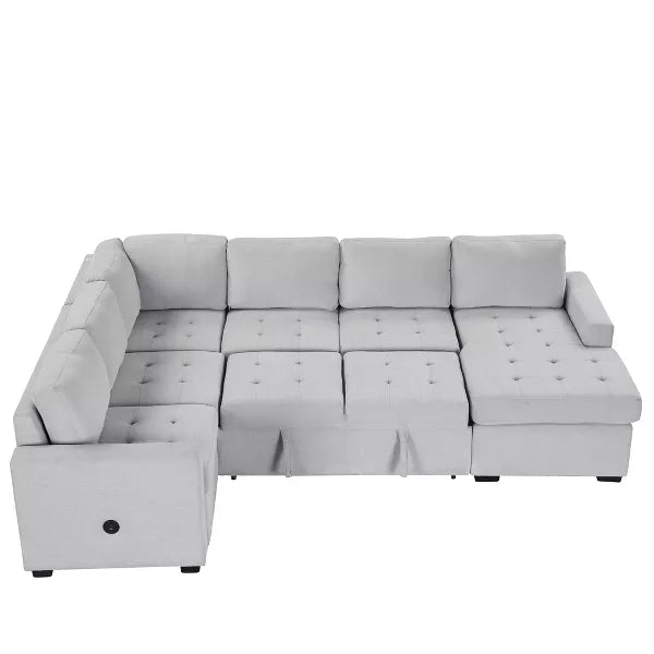 The 108" Pull-Out Sleeper Sofa Couches by ModernLuxe is a spacious, light gray upholstered modular sectional that features tufted cushions and one armrest. Designed with modern aesthetics in mind, it offers neatly arranged seating sections suitable for a contemporary living room setting and includes USB and Type-C interfaces for added convenience.