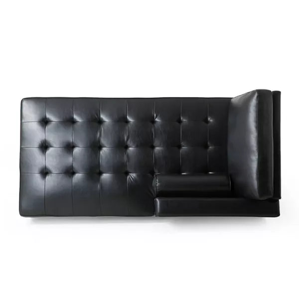 Top view of the Malinta Contemporary Tufted Upholstered Chaise Sectional from Christopher Knight Home, featuring a modern black leather design with a single seat cushion and backrest on the right side. Its sleek and minimalist style is perfect for contemporary interiors.