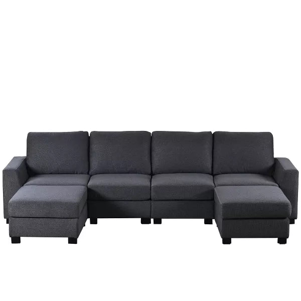 A dark gray sectional sofa featuring an L-shaped layout with five cushioned seats including a left-side chaise, boasting a minimalistic style with straight lines and block-style armrests. This modern design is encapsulated in the "3 PCS U-shaped Upholstered Sectional Sofa with Removable Ottomans" by ModernLuxe.