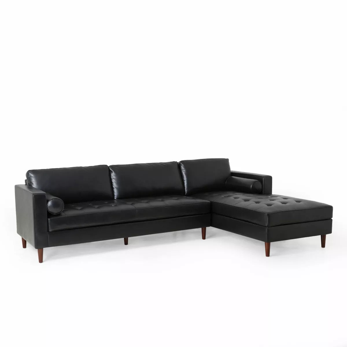 The Malinta Contemporary Tufted Upholstered Chaise Sectional by Christopher Knight Home features black leather upholstery with dark wooden legs and comes with a right-sided chaise. Its tufted cushions on the seat and backrest contribute to its sleek and modern design.