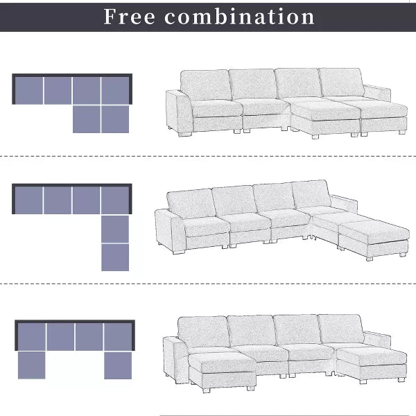 Diagram illustrating three sofa configurations featuring the ModernLuxe 3 PCS U-shaped Upholstered Sectional Sofa with Removable Ottomans. Top: straight arrangement with five seats. Middle: L-shaped configuration with four seats and a chaise. Bottom: U-shaped layout with five seats. Each setup is labeled "Free combination.