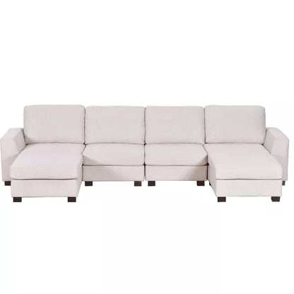 The ModernLuxe 3 PCS U-shaped Upholstered Sectional Sofa, available in beige, features five cushioned seats and includes removable ottomans that form a chaise lounge at each end. Designed with a modern aesthetic and supported by dark wooden legs, it offers ample seating and a cozy appearance.