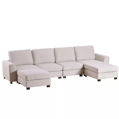 The 3 PCS U-shaped Upholstered Sectional Sofa with Removable Ottomans by ModernLuxe boasts a light beige finish and includes five cushioned seats, complete with chaise lounges positioned at each end. Designed with simplicity in mind, it features blocky black legs and soft, comfortable upholstery that makes it an excellent fit for a modern living room.