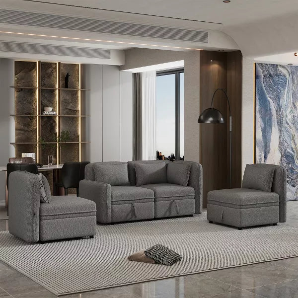 A modern living room features the 122.8" Minimalist Convertible Modular Sofa by ModernLuxe, complete with gray upholstery and five matching pillows, all on a light rug. Nearby stands a black floor lamp, while the dining area in the background showcases a wall shelf and a large abstract painting. Natural light streams through a window.