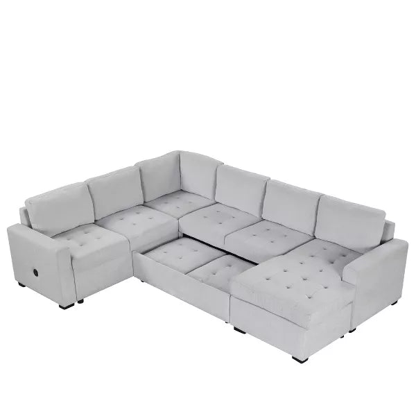 Introducing the ModernLuxe 108" pull-out sleeper sofa: a stylish upholstered modular sectional in gray featuring tufted cushions. This sofa's corner layout includes detachable sections, padded armrests, and convenient USB and Type-C interfaces, making it perfect for a spacious living room.