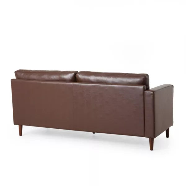 The Malinta Contemporary Tufted Upholstered Chaise Sectional by Christopher Knight Home offers a mid-century modern design with brown leather upholstery, a straight back, and wooden tapered legs. Its sleek and simple silhouette makes it an ideal addition to any contemporary living space.