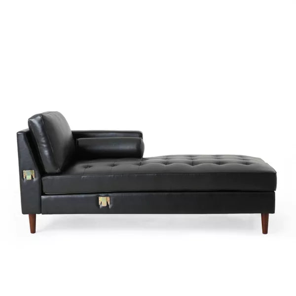 Introducing the Malinta Contemporary Tufted Upholstered Chaise Sectional by Christopher Knight Home. This elegant piece boasts a minimalist design with sleek black leather and tufted cushions. It features a rectangular backrest and an armrest on the left side, all supported by angled wooden legs, contrasting beautifully against a white background.