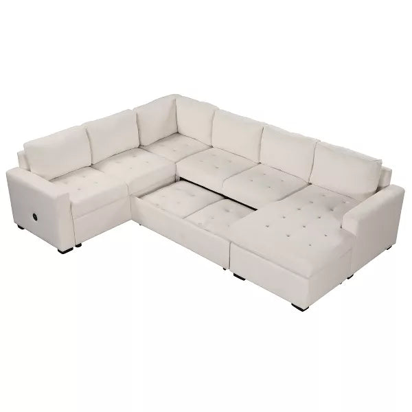 Introducing the 108" Pull-Out Sleeper Sofa Couches from ModernLuxe, an upholstered modular sectional sofa with a modern L-shaped design and tufted cushions. This spacious white sofa features multiple cushioned sections, small dark legs, and includes USB and Type-C interfaces, making it perfect for luxurious living areas.