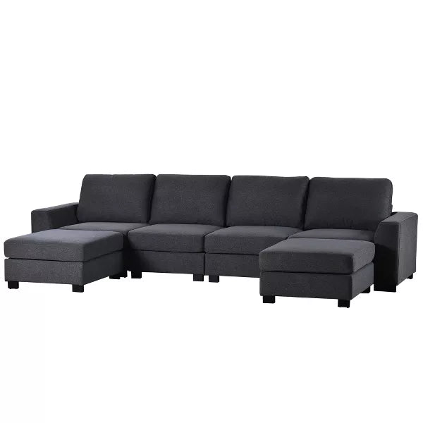 The 3 PCS U-shaped Upholstered Sectional Sofa with Removable Ottomans by ModernLuxe is a modern dark gray sectional featuring plush cushions and chaise lounges on both ends. Its sleek design is complemented by short black legs, making it perfect for a contemporary living room setting.