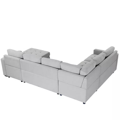 A light gray 108" pull-out sleeper sofa couch with an L-shaped modular configuration, multiple back cushions, and an ottoman in the center is displayed against a white background. It features USB and Type-C interfaces and is from ModernLuxe.