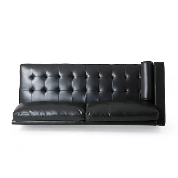 Introducing the Malinta Contemporary Tufted Upholstered Chaise Sectional by Christopher Knight Home—a sleek and modern black leather loveseat. It boasts a tufted backrest, two seat cushions, and a minimalist design with clean lines. The right side showcases a vertically attached cylindrical cushion, all highlighted by its shiny finish.