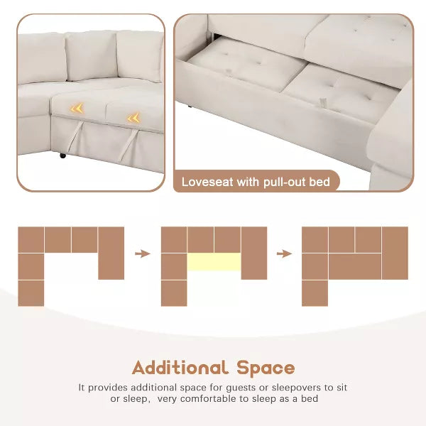 Diagram illustrating the ModernLuxe 108" Pull-Out Sleeper Sofa, a beige upholstered modular sectional that converts into additional sleeping space. The bottom section pulls forward to transform into a bed, providing both comfortable seating and sleeping options. USB and Type-C interfaces enhance its modern versatility.