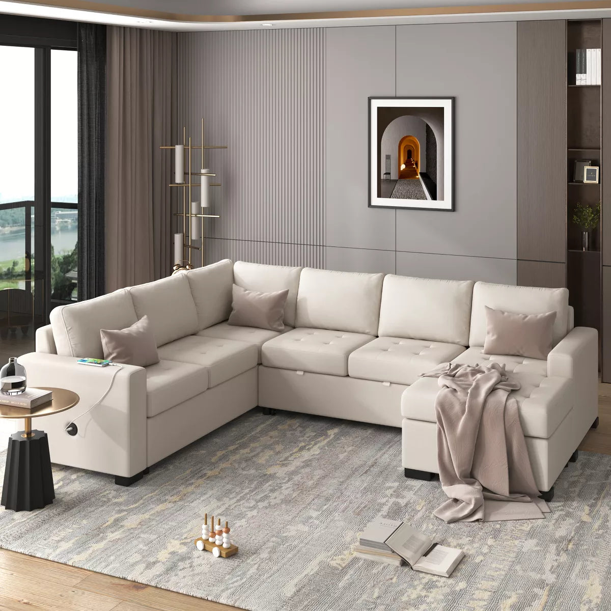 In a contemporary living room, a spacious 108" Pull-Out Sleeper Sofa from ModernLuxe takes center stage. This upholstered modular sectional sofa, equipped with USB and Type-C interfaces, comes in beige and is adorned with accent pillows and a gray throw. Above it hangs a minimalist wall art piece. The room also features a floor-to-ceiling window, accompanied by a small side table and a textured area rug on wooden flooring.