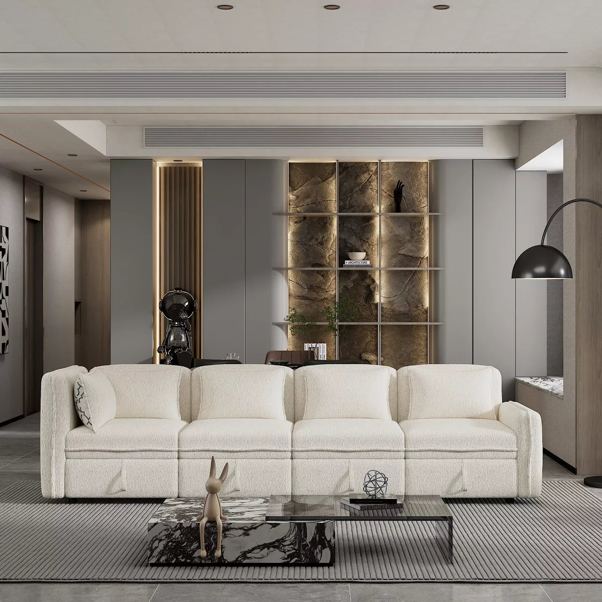 A modern living room featuring a 122.8" Minimalist Convertible Modular Sofa by ModernLuxe in white, paired with a glass coffee table and a sculptural ornament. The backdrop is adorned with an illuminated decorative wall incorporating shelves and neutral tones, crafting a sleek and sophisticated ambiance.