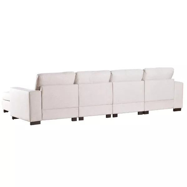 A back view of the ModernLuxe beige 3 PCS U-shaped upholstered sectional sofa, featuring square cushions and broad armrests. It is supported by dark block legs and is positioned against a white background.