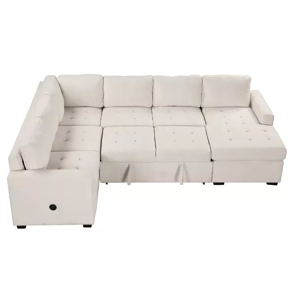 The ModernLuxe 108" Pull-Out Sleeper Sofa is a large, off-white, L-shaped upholstered modular sectional with tufted seat cushions and backrests. It features a modern design with a clean, minimalist appearance and comes equipped with USB and Type-C interfaces on the side.