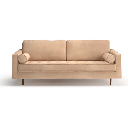 The Geo 84'' Upholstered Sofa features a beige, mid-century modern design with two rectangular cushions and two cylindrical bolster pillows, all supported by wooden legs and displayed against a plain white background.