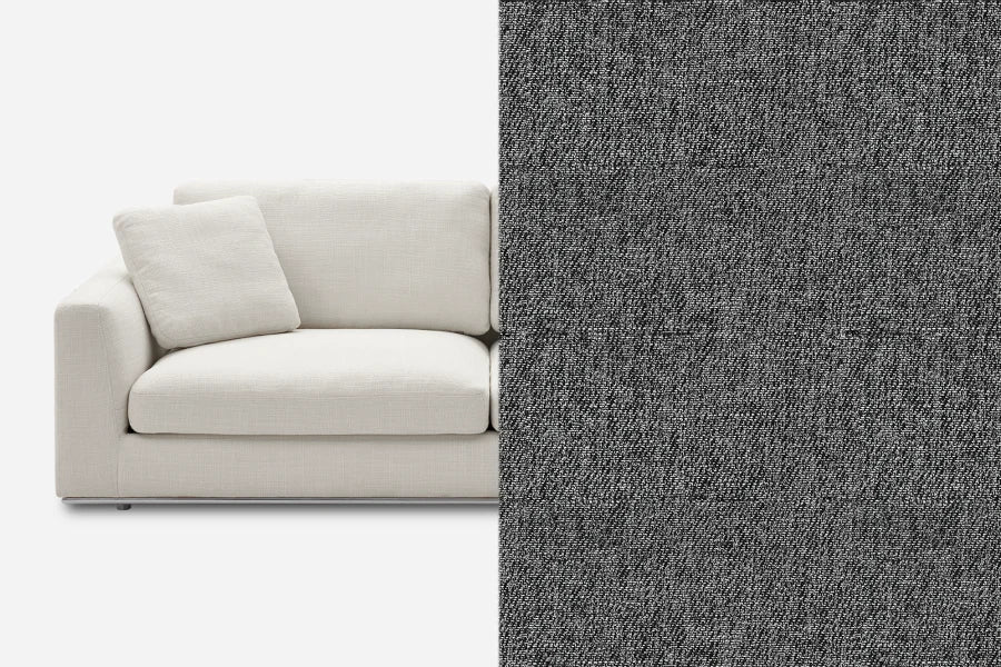 Split image showing a light gray sofa on the left with a matching pillow and a close-up texture of dark gray fabric on the right.