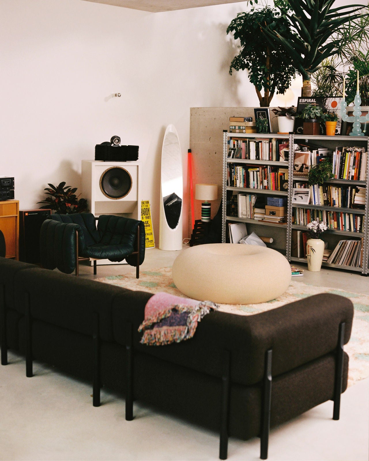 Modern living room with large windows, a beige sectional sofa, a navy armchair, a pink ottoman, and various plants. Natural light streams in, highlighting a mix of contemporary furniture and decor, including a shelving unit displaying neatly arranged items.