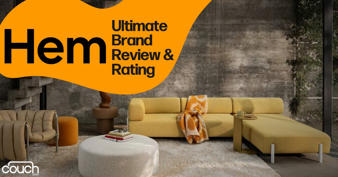 A modern living room with a yellow modular sofa, a round white textured coffee table, and a beige armchair. A yellow and white blanket drapes over the sofa. The wall has a rustic, industrial finish. Text overlay reads "Hem: Ultimate Brand Review & Rating.