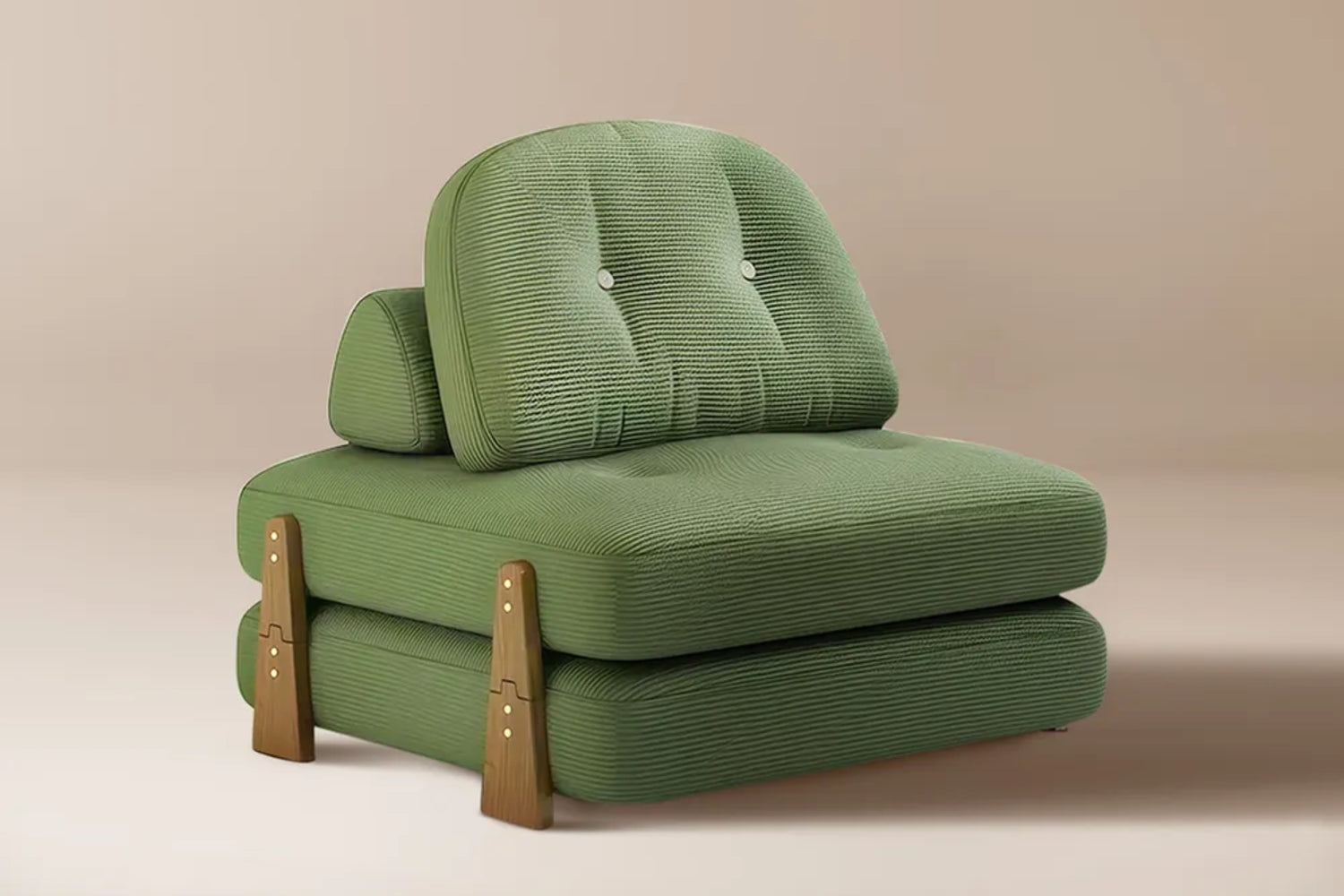 A modern, green upholstered chair with a ribbed texture, featuring a stacked cushion design. The chair has angled wooden legs and two small white buttons on the backrest. The background is a simple beige color.