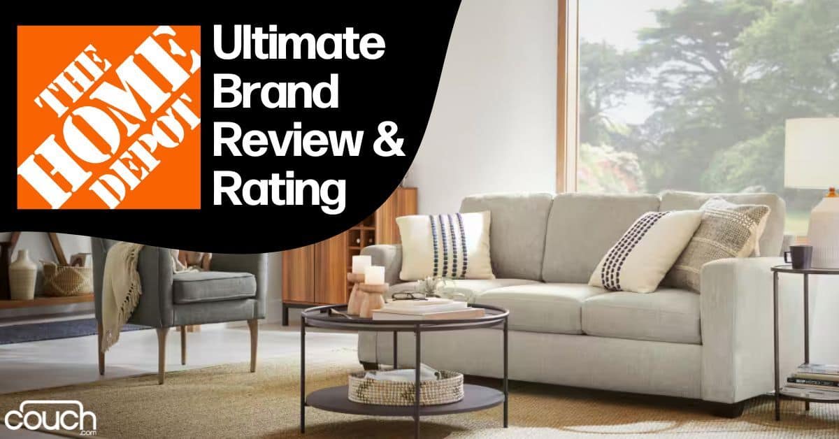 A modern living room featuring a light gray sofa with assorted cushions, two round coffee tables, and a lamp. The image includes a black banner with the Home Depot logo and the text "Ultimate Brand Review & Rating" on it. The "couch.com" logo is at the bottom left.